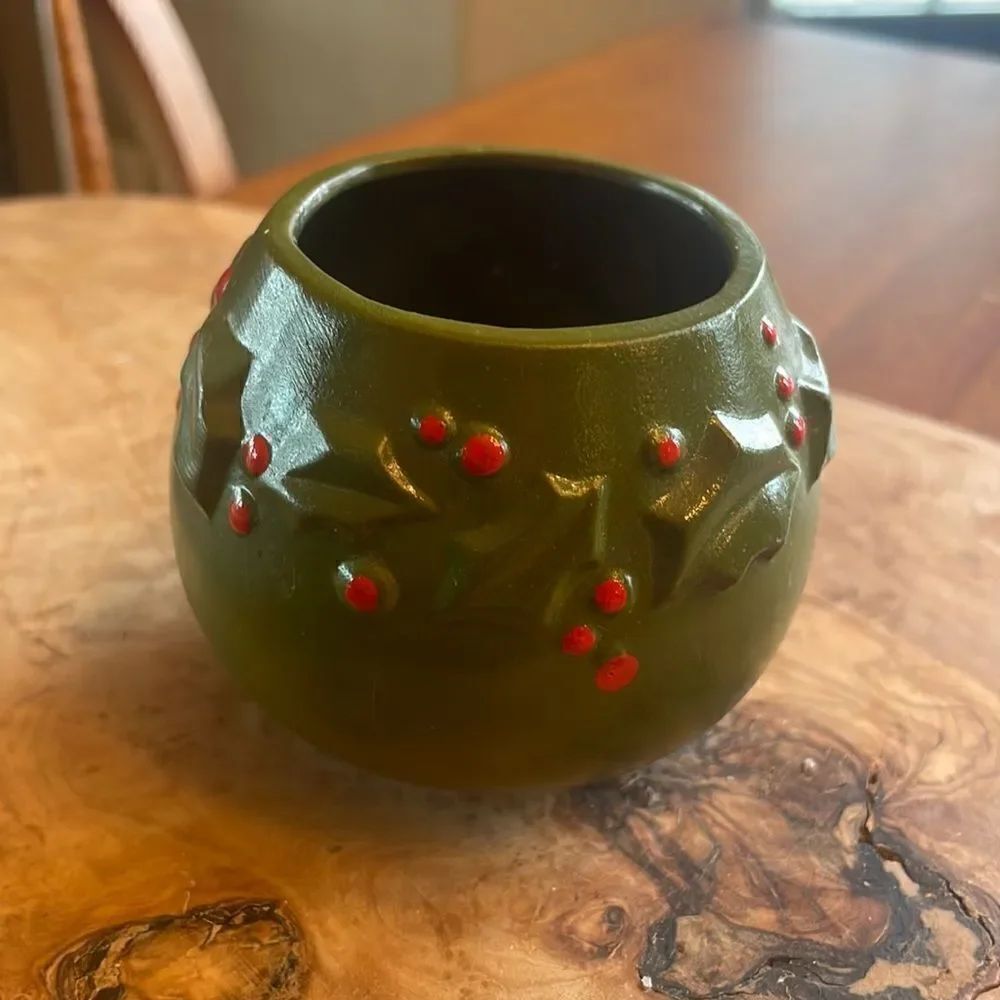 Vintage Hallmark Green Ceramic Container Candle with Holly and Berries